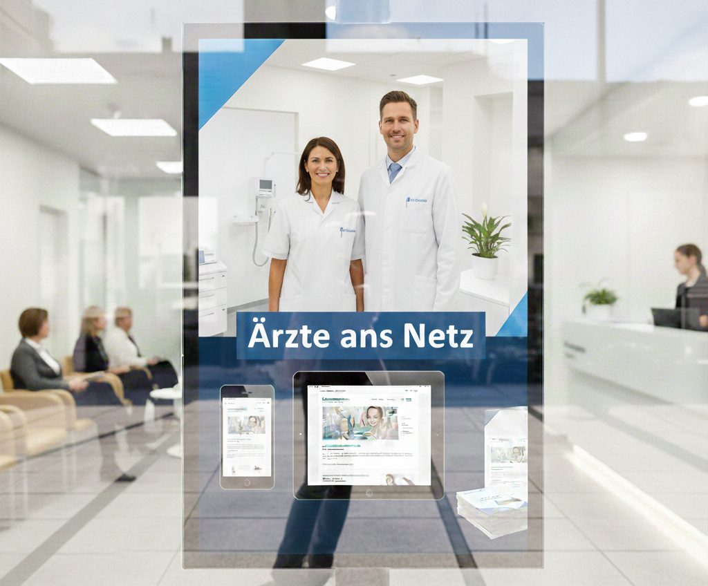 Glastür einer Praxis mit dem Schriftzug „Ärzte ans Netz“, davor Ärztin und Arzt, dahinter der Wartebereich
