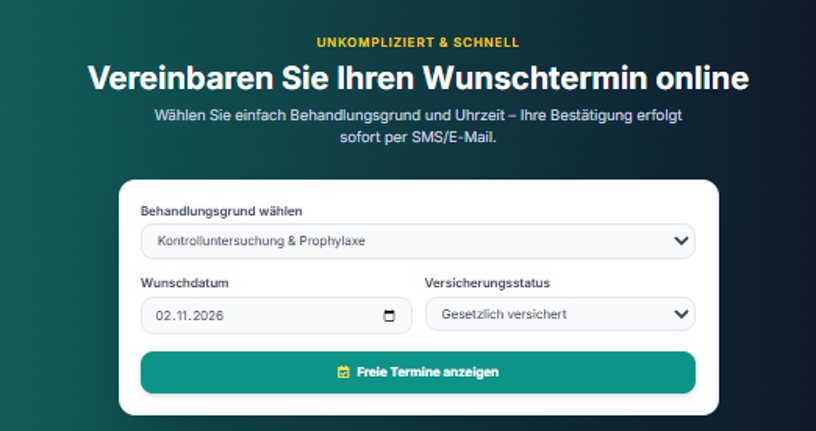 Entwurf eines Online-Terminformulars mit Behandlungsgrund, Wunschdatum und Versicherungsstatus