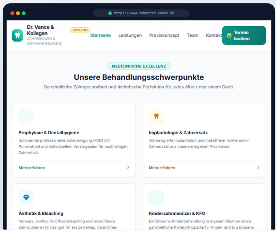 Entwurf der Leistungsseite einer fiktiven Zahnarzt- und KFO-Praxis mit vier Behandlungsschwerpunkten