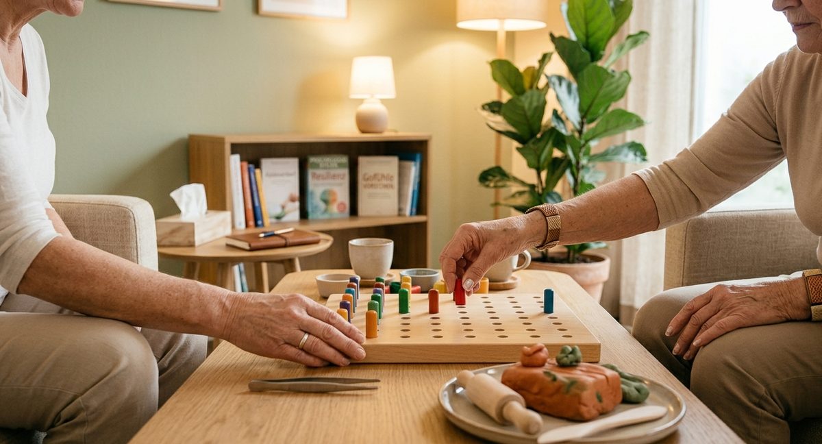 Ältere Patientin steckt bei einer Ergotherapie-Übung bunte Stifte in ein Steckbrett, daneben Therapieknete