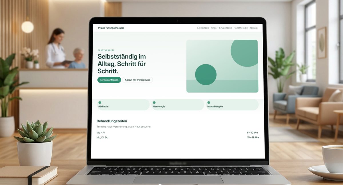Laptop mit der Website einer Ergotherapie-Praxis auf einem Schreibtisch, im Hintergrund Empfang und Wartebereich