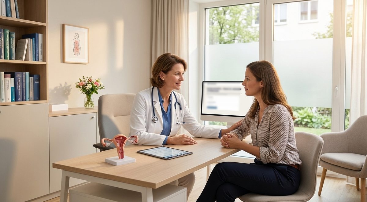Frauenärztin im ruhigen Beratungsgespräch mit einer Patientin am Schreibtisch, helles Sprechzimmer mit Blick ins Grüne