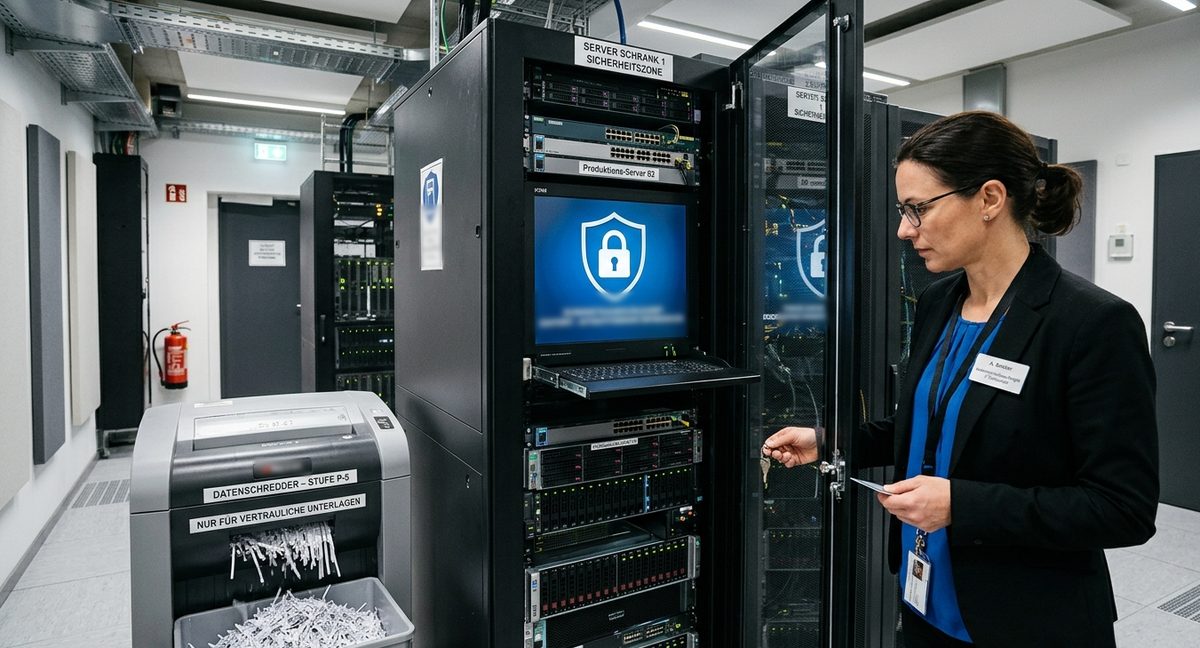 IT-Verantwortliche schließt einen gesicherten Serverschrank auf, davor ein Aktenvernichter für vertrauliche Unterlagen