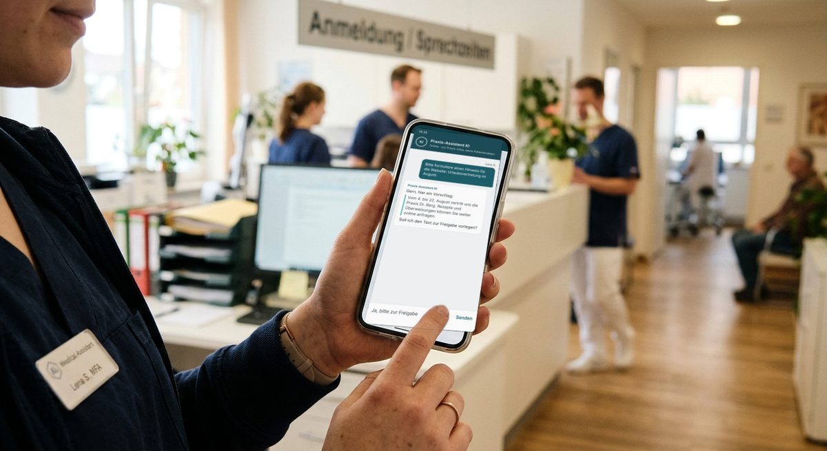 Medizinische Fachangestellte lässt sich am Empfang vom Praxis-Assistenten auf dem Smartphone einen Website-Hinweis zur Urlaubsvertretung formulieren, ohne Patientendaten