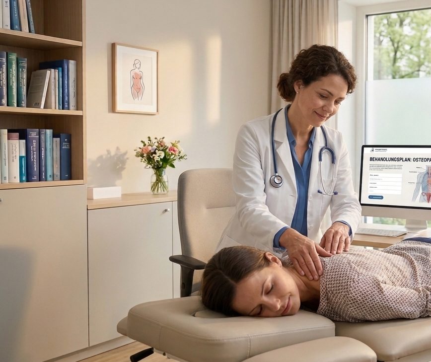 Osteopathin behandelt eine entspannt liegende Patientin an der Behandlungsliege