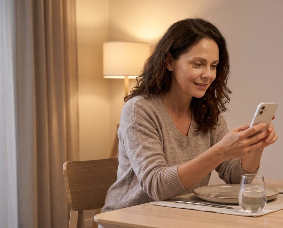 Frau informiert sich am Esstisch auf dem Smartphone über eine Arztpraxis