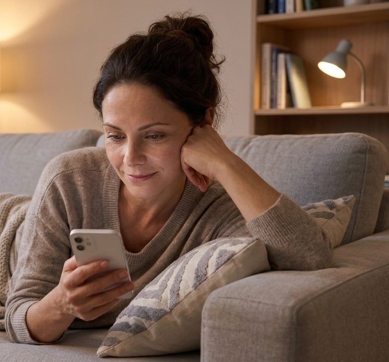 Frau liegt entspannt auf dem Sofa und sucht am Smartphone nach einer Praxis