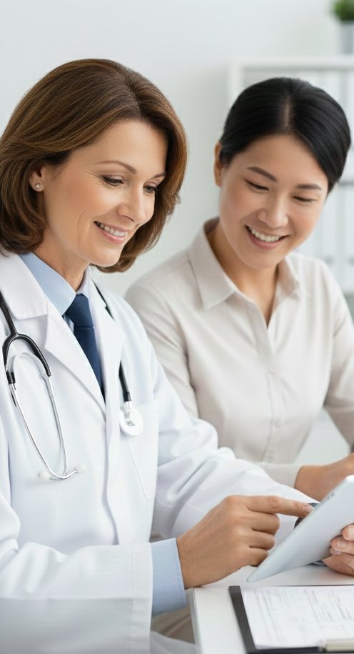 Ärztin erklärt einer Patientin am Tablet den digitalen Anamnesebogen