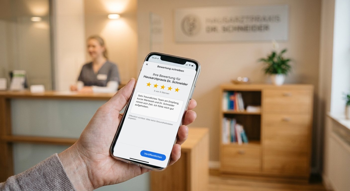 Patientin bewertet am Smartphone ihre Hausarztpraxis, im Hintergrund der Empfang