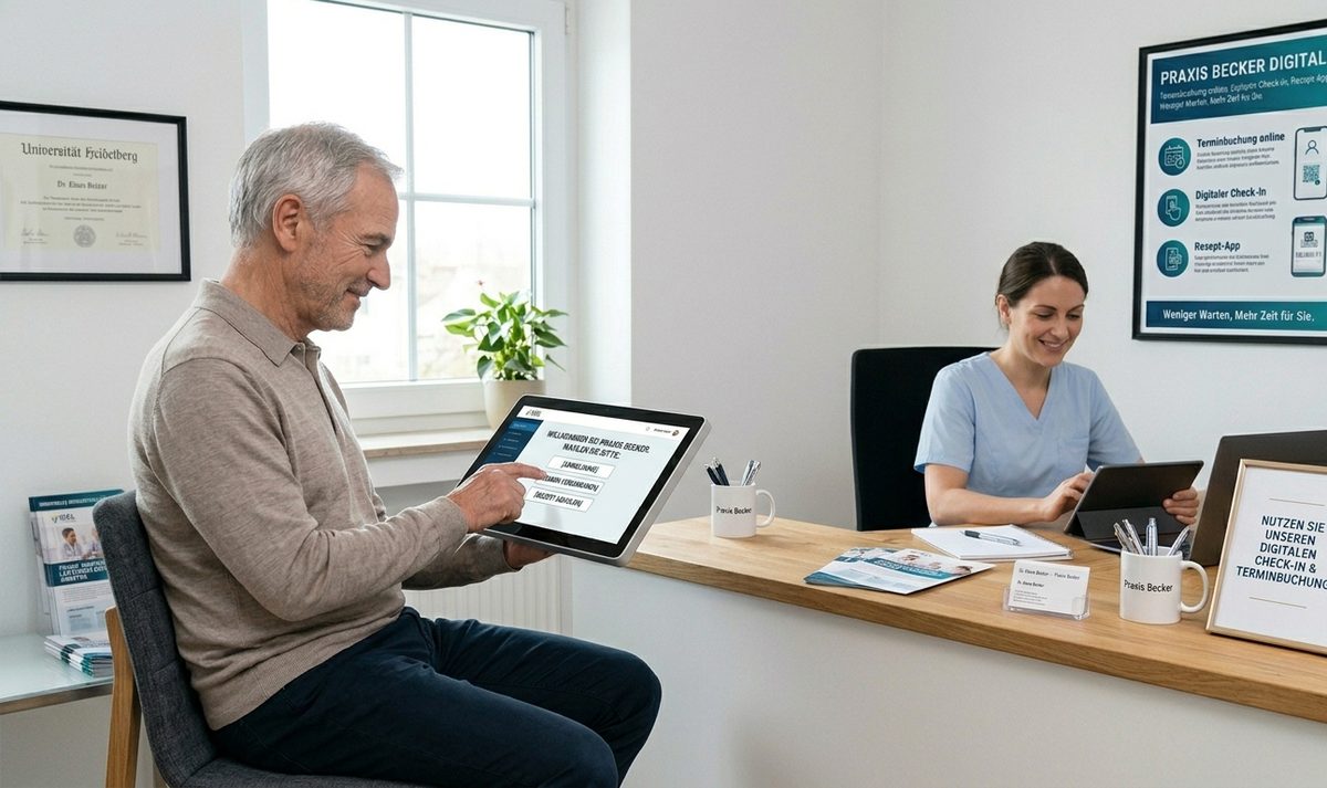 Älterer Patient füllt im Wartebereich am Tablet den digitalen Anmeldebogen aus, am Empfang arbeitet eine Mitarbeiterin