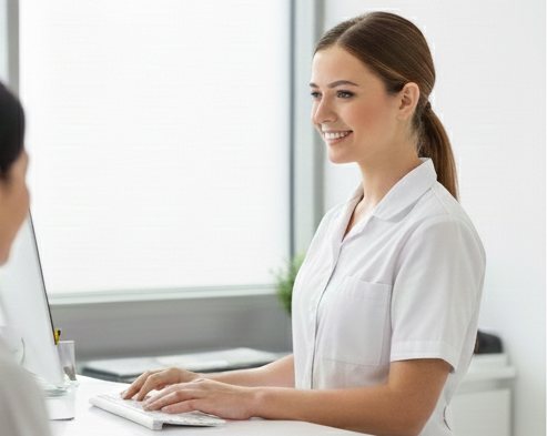 Medizinische Fachangestellte am Empfang plant Termine am Bildschirm