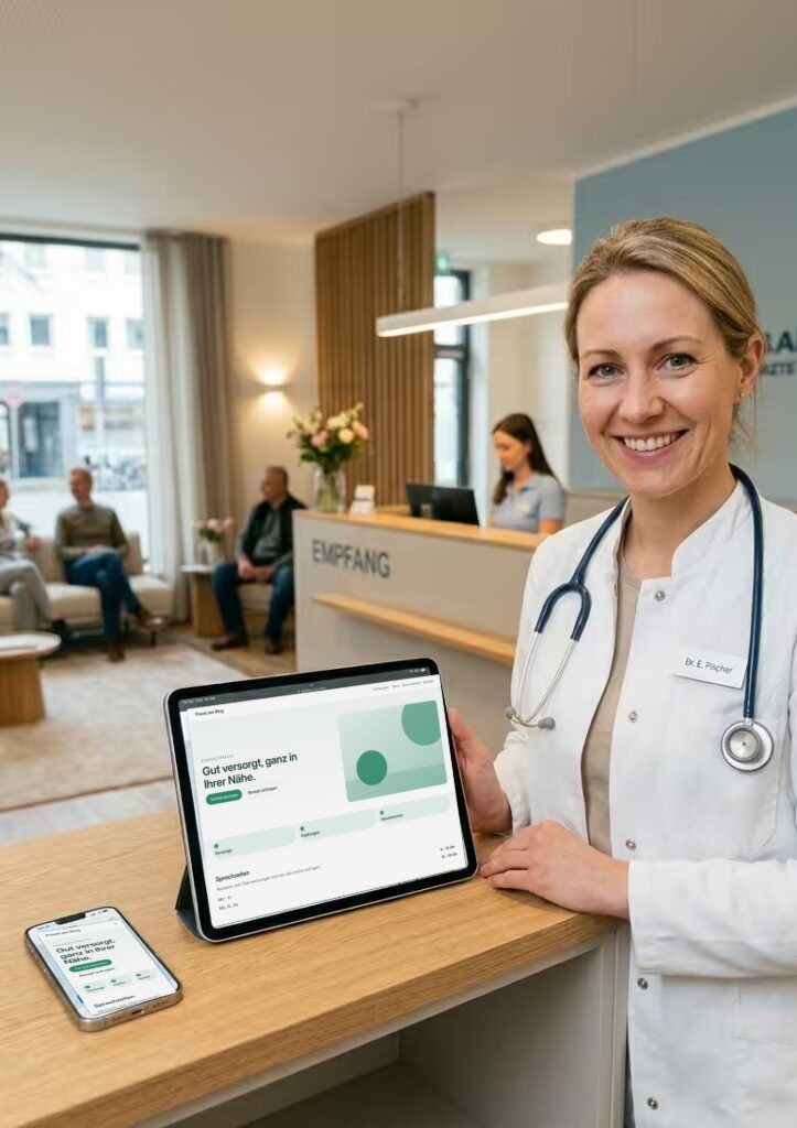 Ärztin steht am Empfangstresen und zeigt auf einem Tablet die Website ihrer Praxis