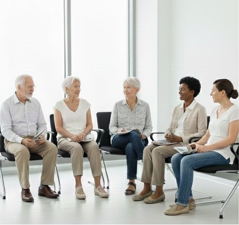 Ältere und jüngere Patientinnen und Patienten warten im hellen Wartezimmer einer Praxis