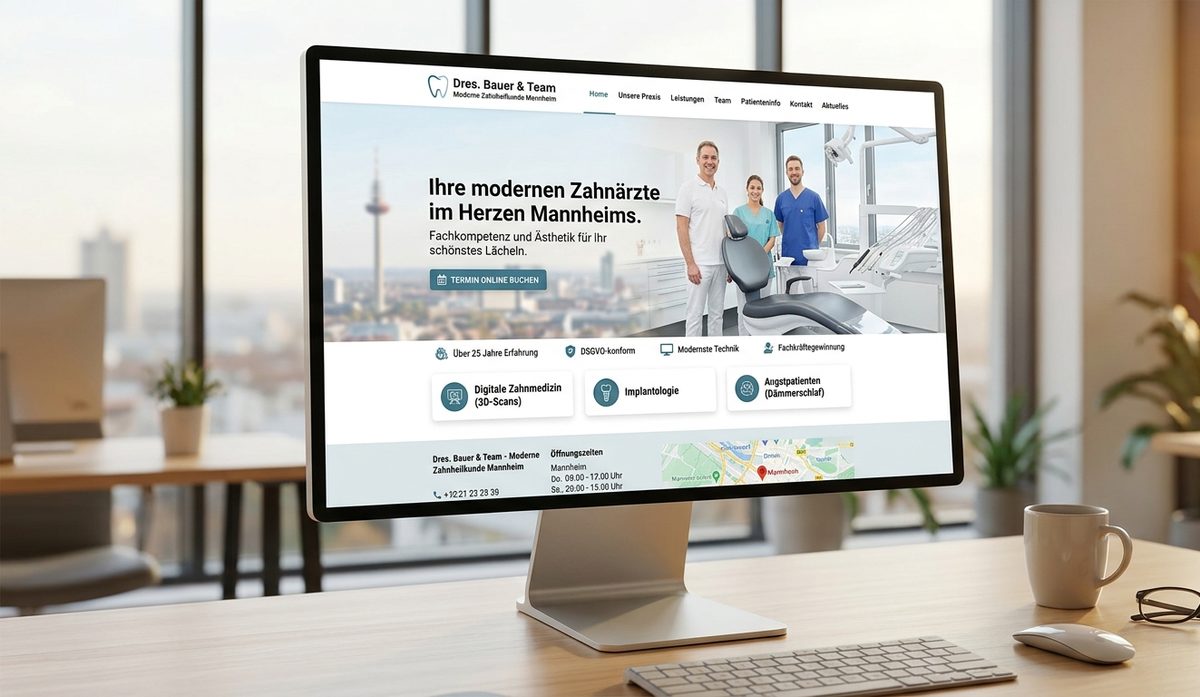 Großer Bildschirm auf einem Schreibtisch mit der Website einer Zahnarztpraxis, Überschrift im Herzen Mannheims