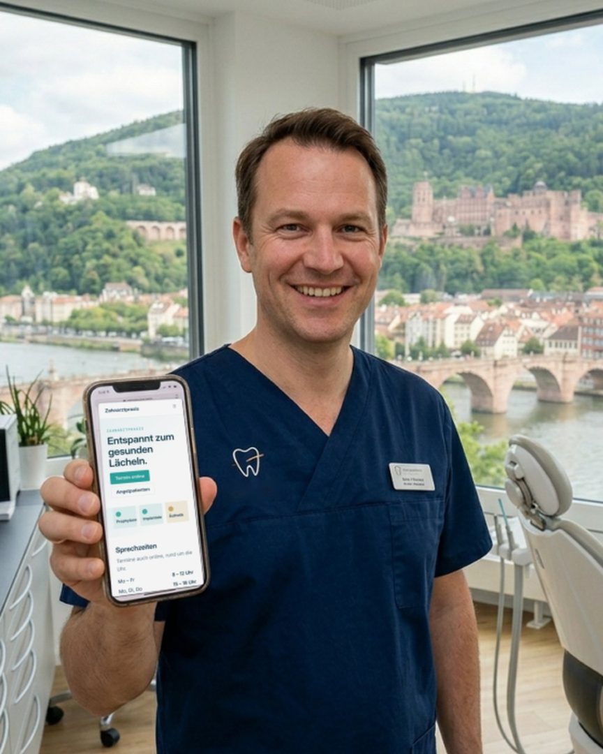 Zahnarzt hält ein Smartphone mit geöffneter Praxis-Website, im Hintergrund Altstadt und Schloss, Bildformat 4:5