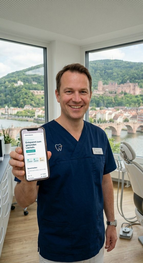 Zahnarzt im Behandlungsraum hält ein Smartphone mit geöffneter Praxis-Website, im Hintergrund Altstadt und Schloss