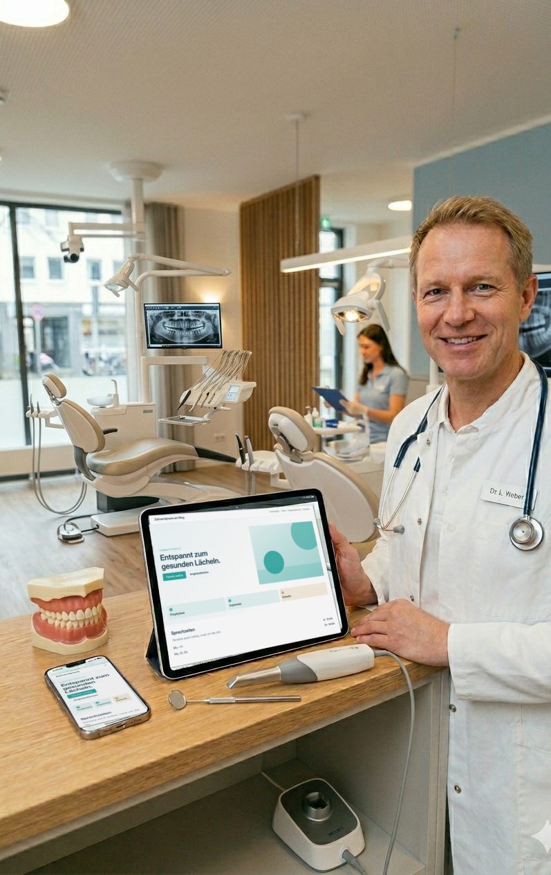Zahnarzt im Behandlungsraum neben einem Tablet mit geöffneter Praxis-Website, davor ein Zahnmodell und ein Smartphone