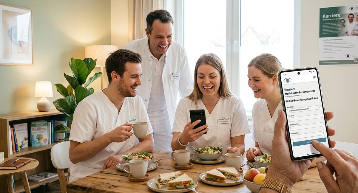 Fröhliches Praxisteam in der Mittagspause, im Vordergrund ein Smartphone mit einer Online-Bewerbung