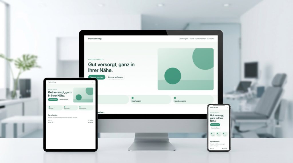 Website einer Hausarztpraxis auf Bildschirm, Tablet und Smartphone