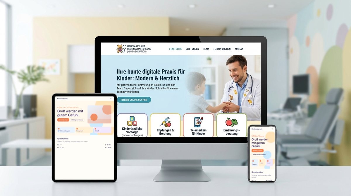 Website einer Kinderarztpraxis auf Bildschirm, Tablet und Smartphone in einem bunten Praxisraum