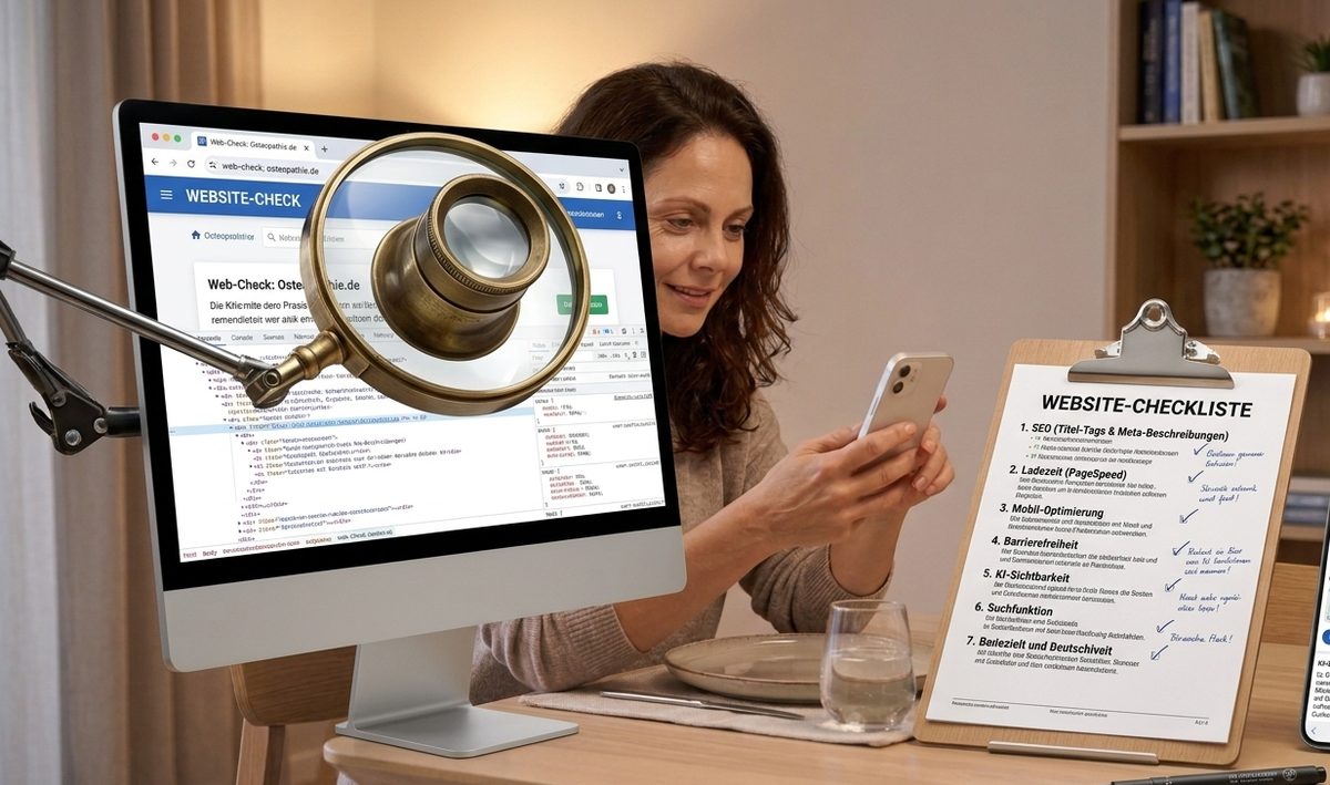 Frau prüft eine Praxis-Website am Bildschirm, davor eine Lupe und ein Klemmbrett mit Website-Checkliste