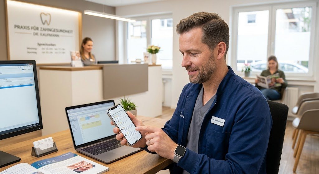 Zahnarzt liest in seiner Praxis am Smartphone neue Google-Bewertungen, im Hintergrund Empfang und Wartebereich
